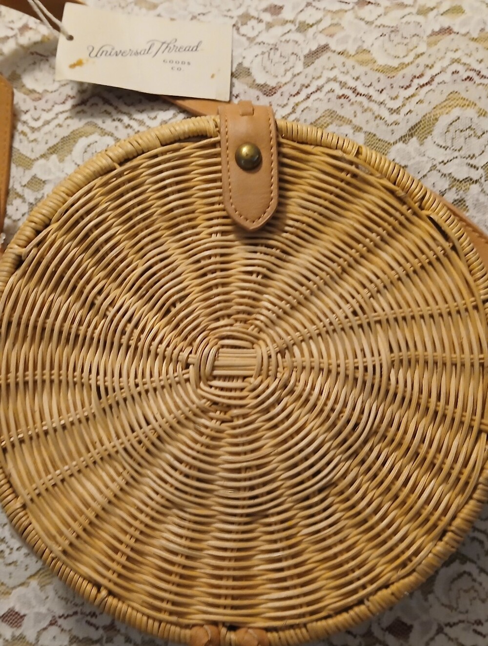 NWT Universal Thread Natural Woven Round Crossbody Bag with Leather Strap
